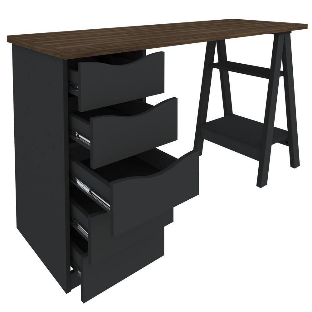Mesa P/ Escritório Escrivaninha 5 Gavetas Nogal Preto - 6