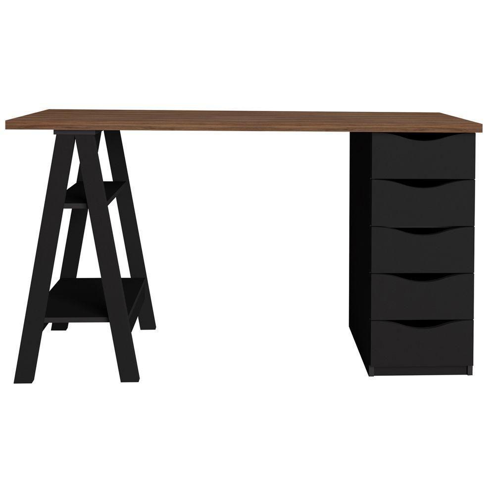 Mesa P/ Escritório Escrivaninha 5 Gavetas Nogal Preto - 7