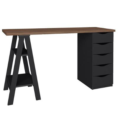 Mesa para Escritório Retangular Spirit A02 Moderno 5 Gavetas MDF 136cm Nogal Preto