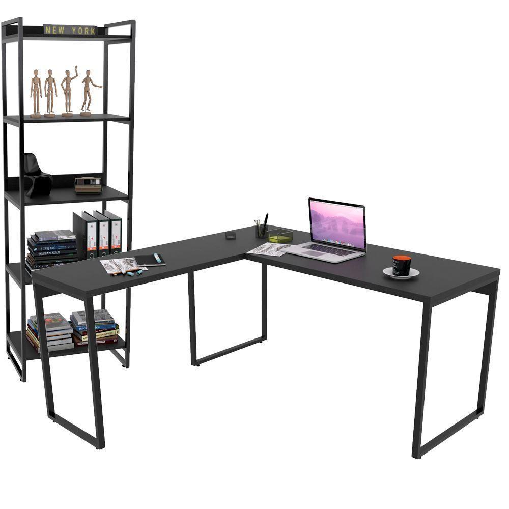 Kit Mesa Em L Com Estante 5 Prateleiras 150X150 Preto - 1