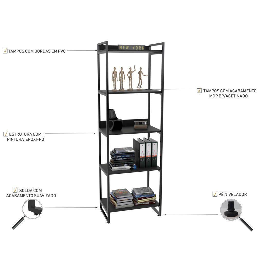 Kit Mesa Em L Com Estante 5 Prateleiras 150X150 Preto - 4