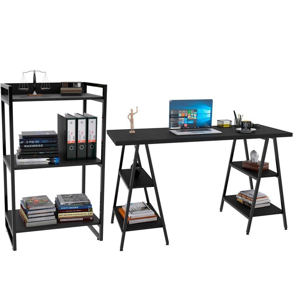 Kit Mesa Cavalete 135 Cm Com Estante 3 Prateleiras Preto - 1