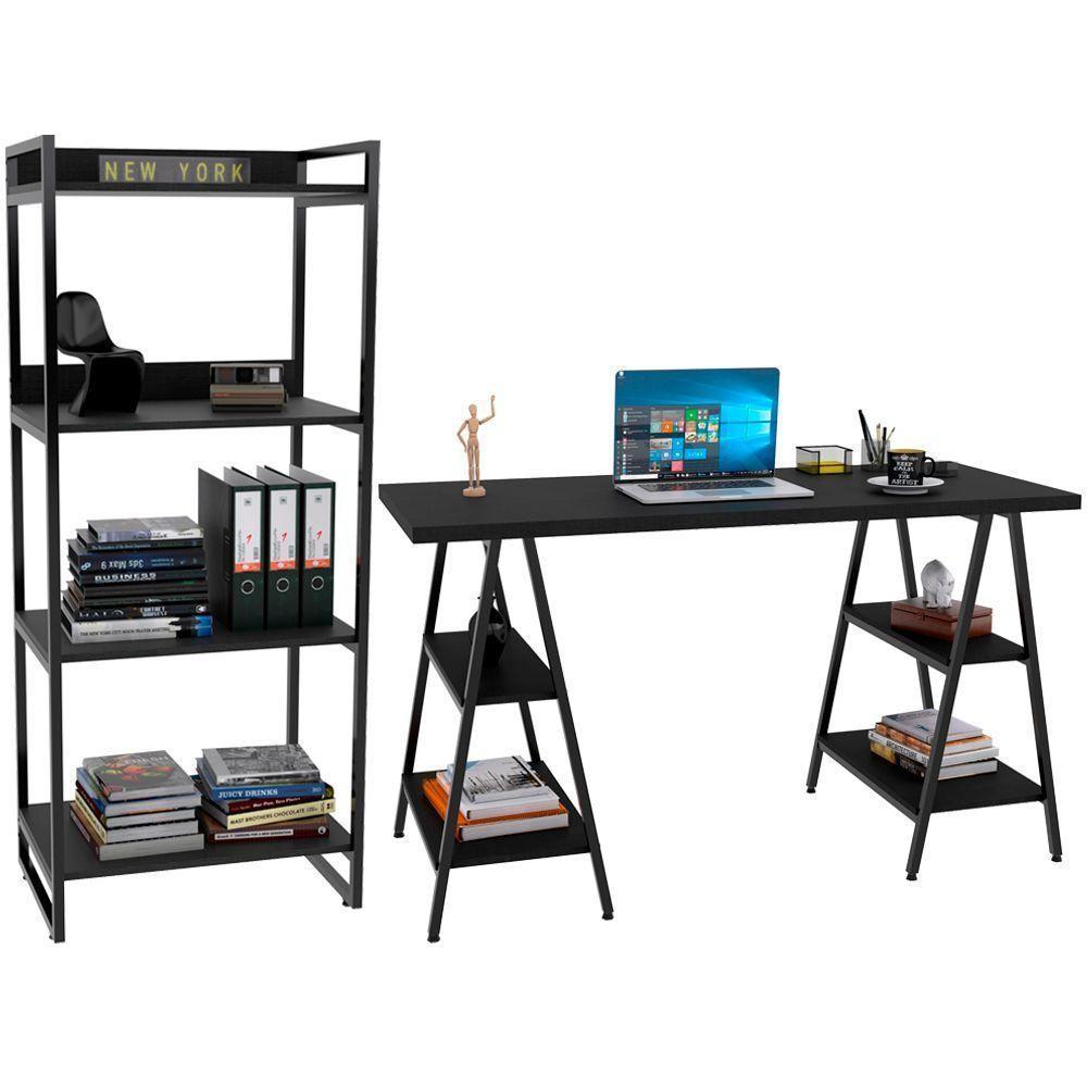Kit Mesa Cavalete 135 Cm Com Estante 4 Prateleiras Preto - 1