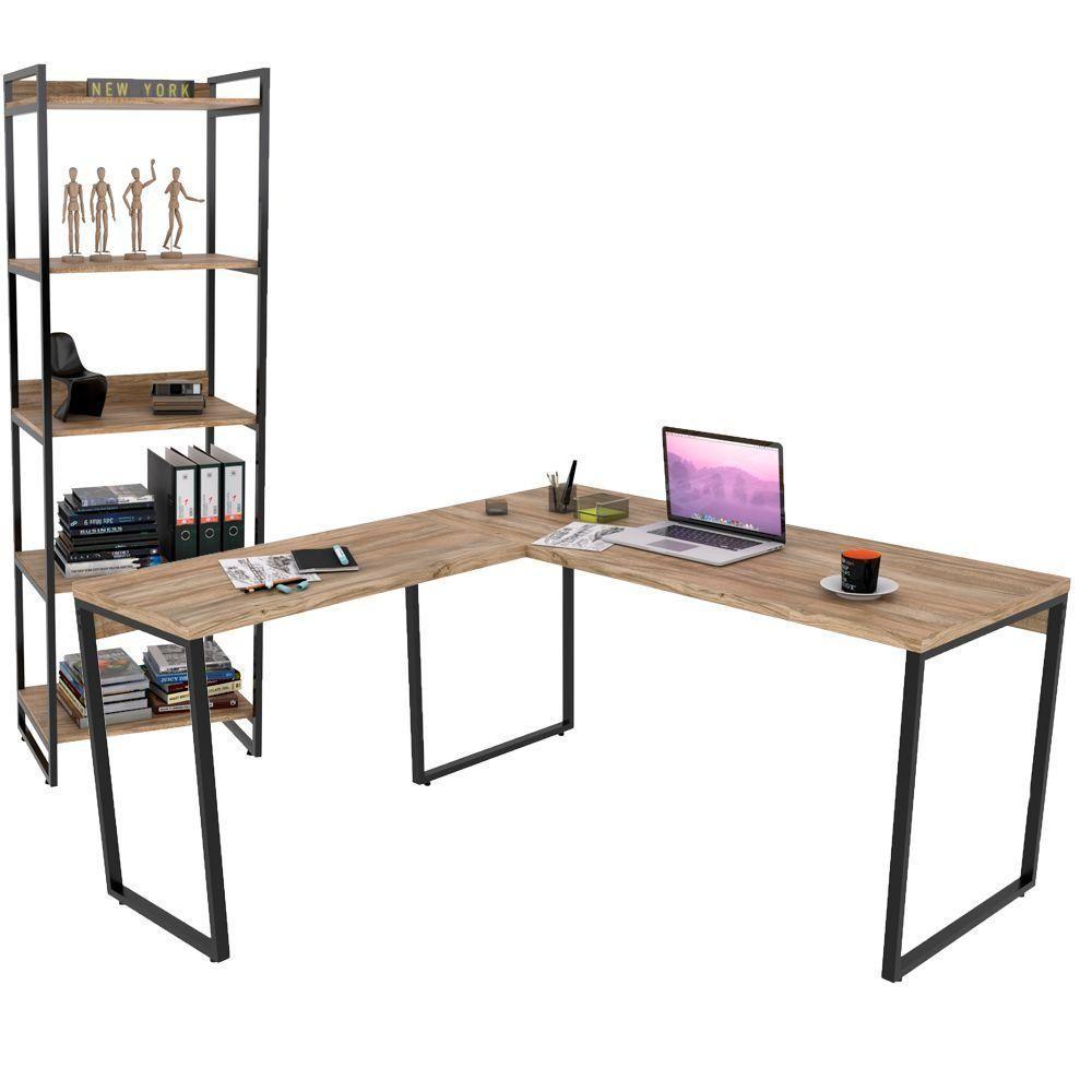 Kit Mesa Em L Com Estante 5 Prateleiras 150X150 Carvalho - 1