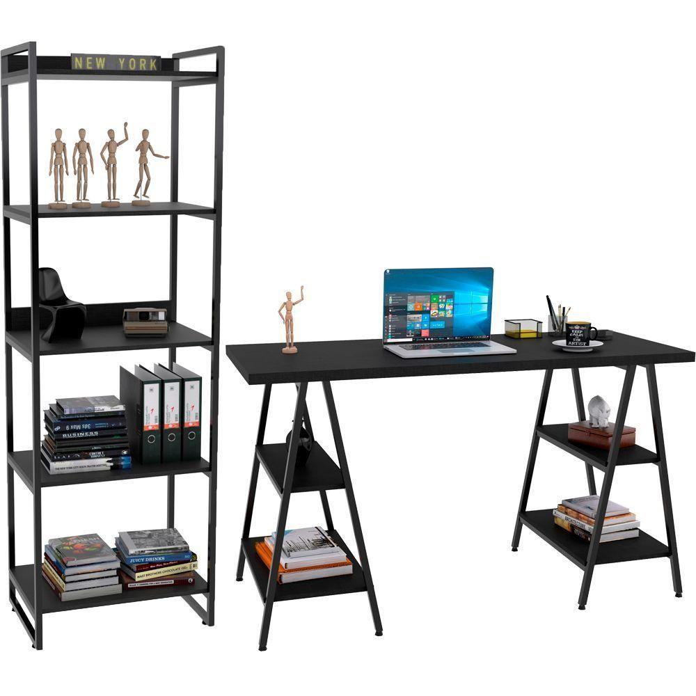Kit Mesa Cavalete 135 Cm Com Estante 5 Prateleiras Preto - 1