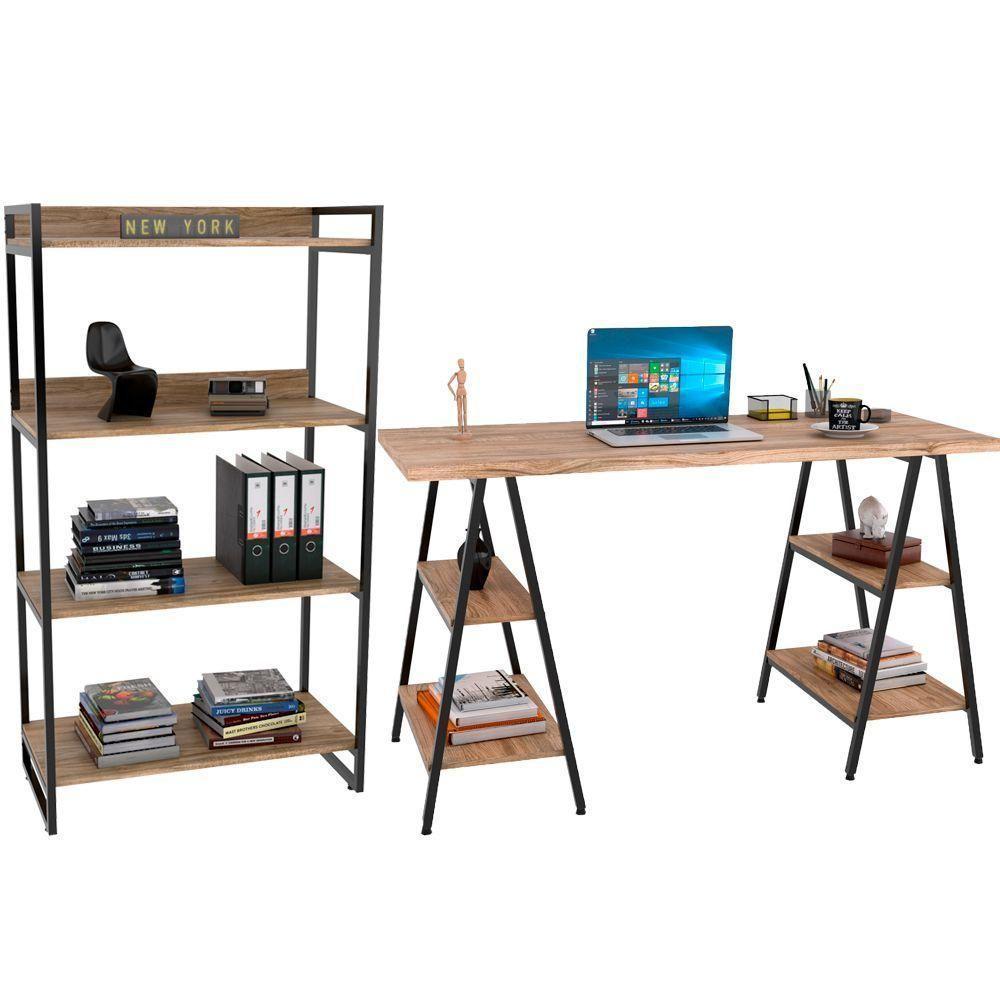 Kit Mesa Cavalete 150 Cm Com Estante 4 Prateleiras Carvalho - 1