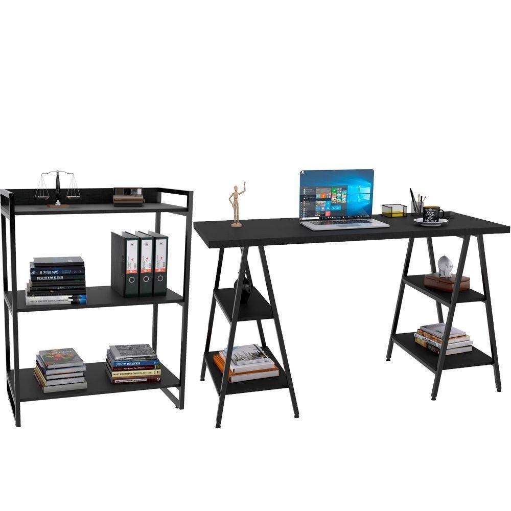 Kit Mesa Cavalete 150 Cm Com Estante 3 Prateleiras Preto - 1