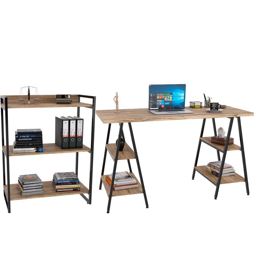 Kit Mesa Cavalete 150 Cm Com Estante 3 Prateleiras Carvalho - 1