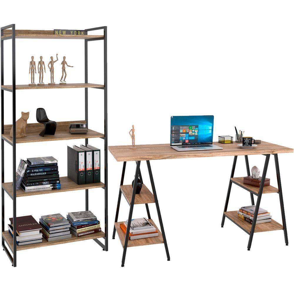 Kit Mesa Cavalete 150 Cm Com Estante 5 Prateleiras Carvalho - 1