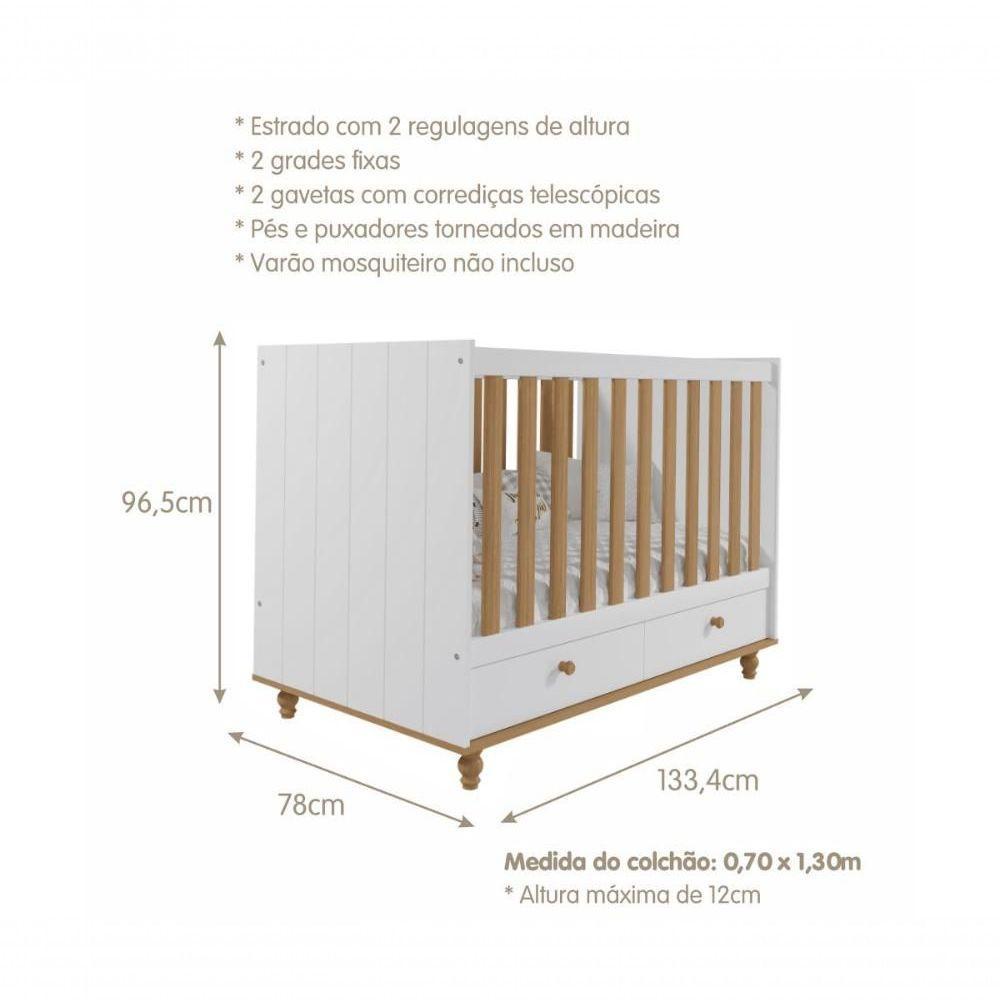 Berço 2 Gavetas Grade Fixa 100% Mdf Candy Permobili Branco/Nature Branco/Nature - 2