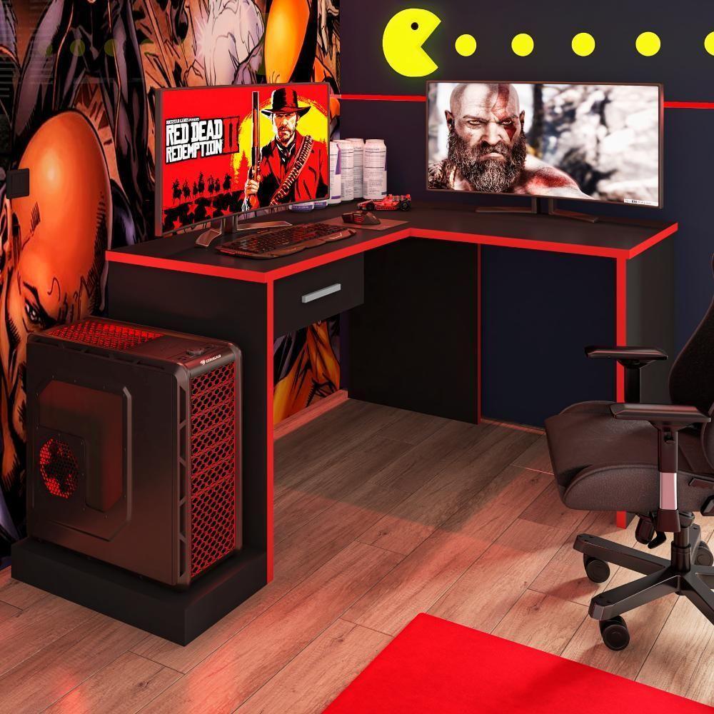 Mesa Gamer De Canto Com Gaveta Wayra Preto Vermelho - 1