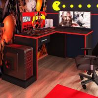 Mesa Gamer De Canto Com Gaveta Wayra Preto Vermelho - 1