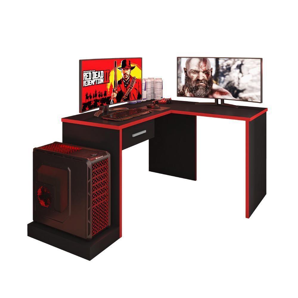 Mesa Em L Com Gaveta Adrianus Preto Vermelho - 4