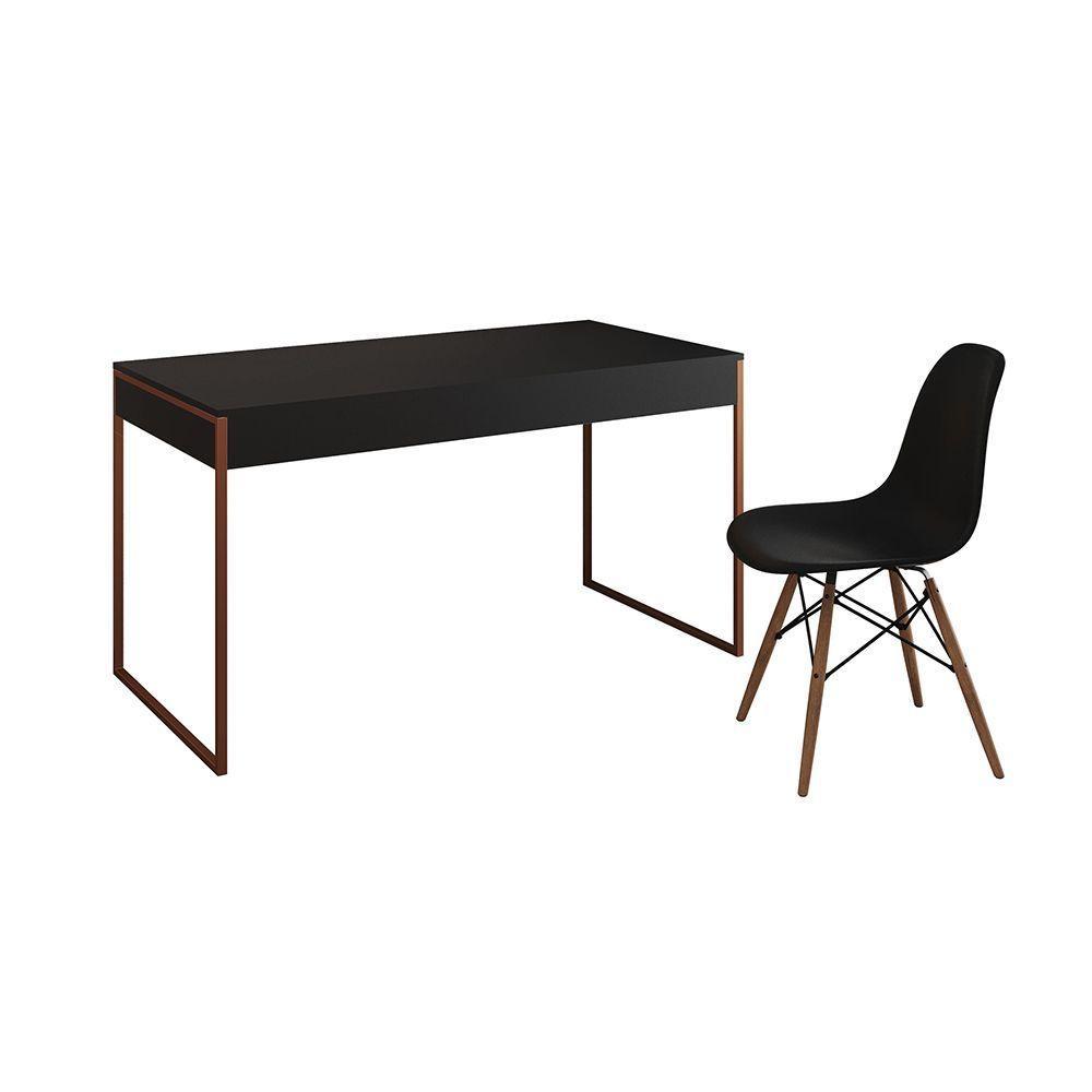 Mesa De Escritório Industrial Malta Preta 137X53Cm Base Cobre Com 1 Cadeira Preta Eames Eiffel Madei - 6