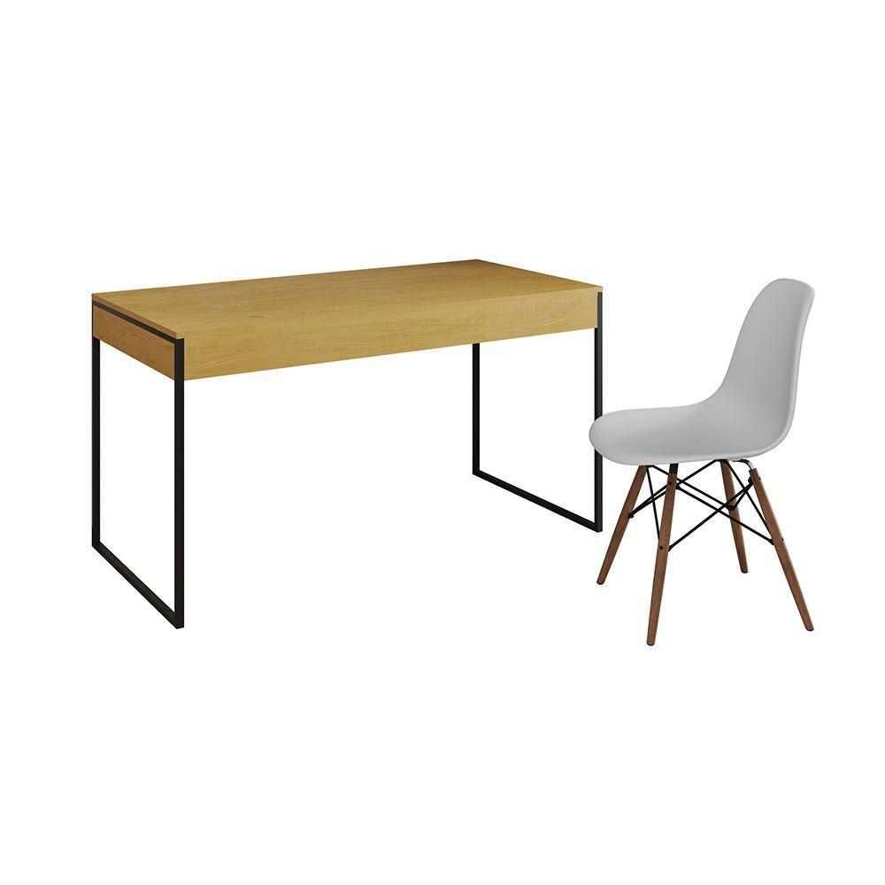 Mesa De Escritório Industrial Malta Canela 137X53Cm Base Ferro Preto Com 1 Cadeira Branca Eames Eiff - 6
