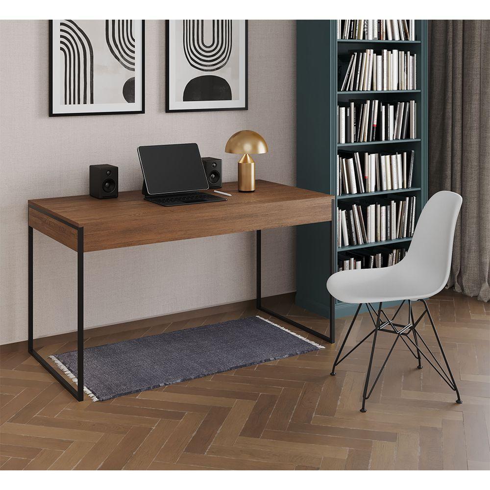 Escrivaninha Industrial Escritório Malta Amêndoa Com 1 Cadeira Eames Eiffel Branca Base Fer Marrom - 1
