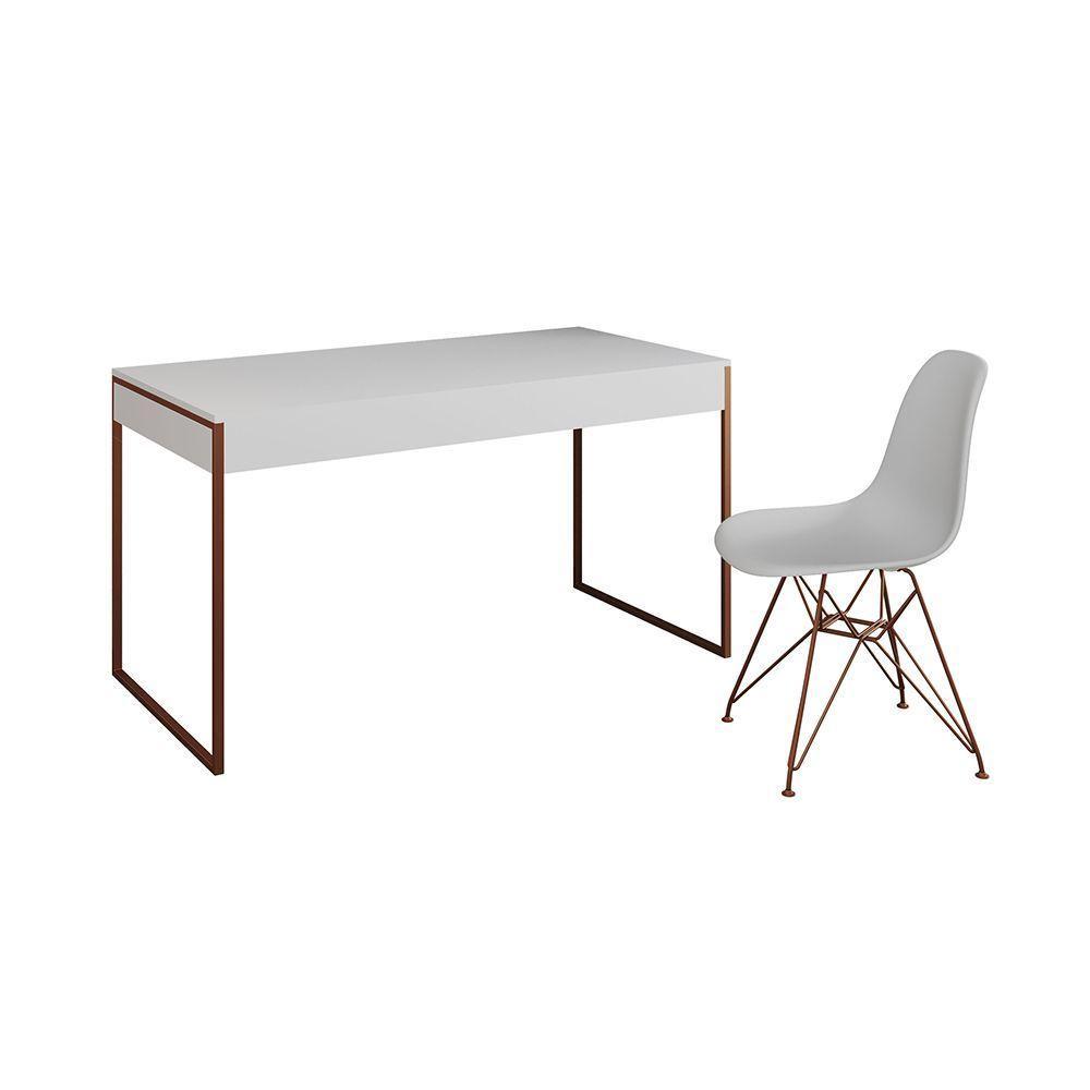 Escrivaninha Industrial Escritório Branca Malta Com 1 Cadeira Eames Eiffel Branca Base Cobr Marrom - 7