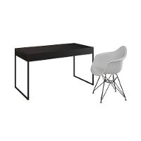 Escrivaninha Industrial Office Estudo Malta Preta 137X53Cm Com 1 Poltrona Branca Base F Marrom - 6