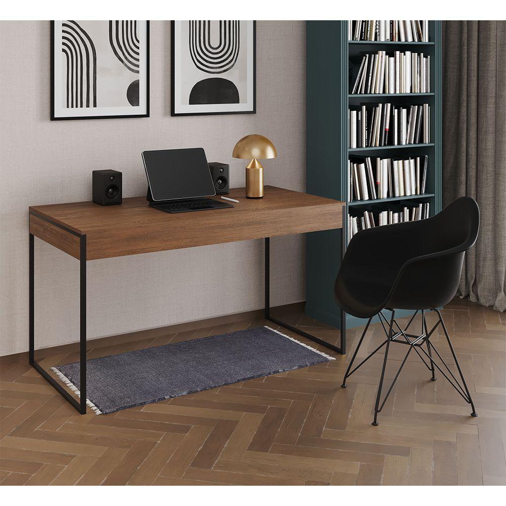 Escrivaninha Industrial Office Estudo Malta Amêndoa 137X53Cm Com 1 Poltrona Preta Base Marrom - 1