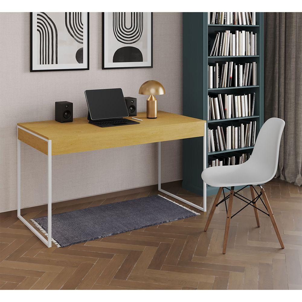 Mesa De Escritório Industrial Malta Canela 137X53Cm Base Ferro Branco Com 1 Cadeira Branca Eames Eif - 1