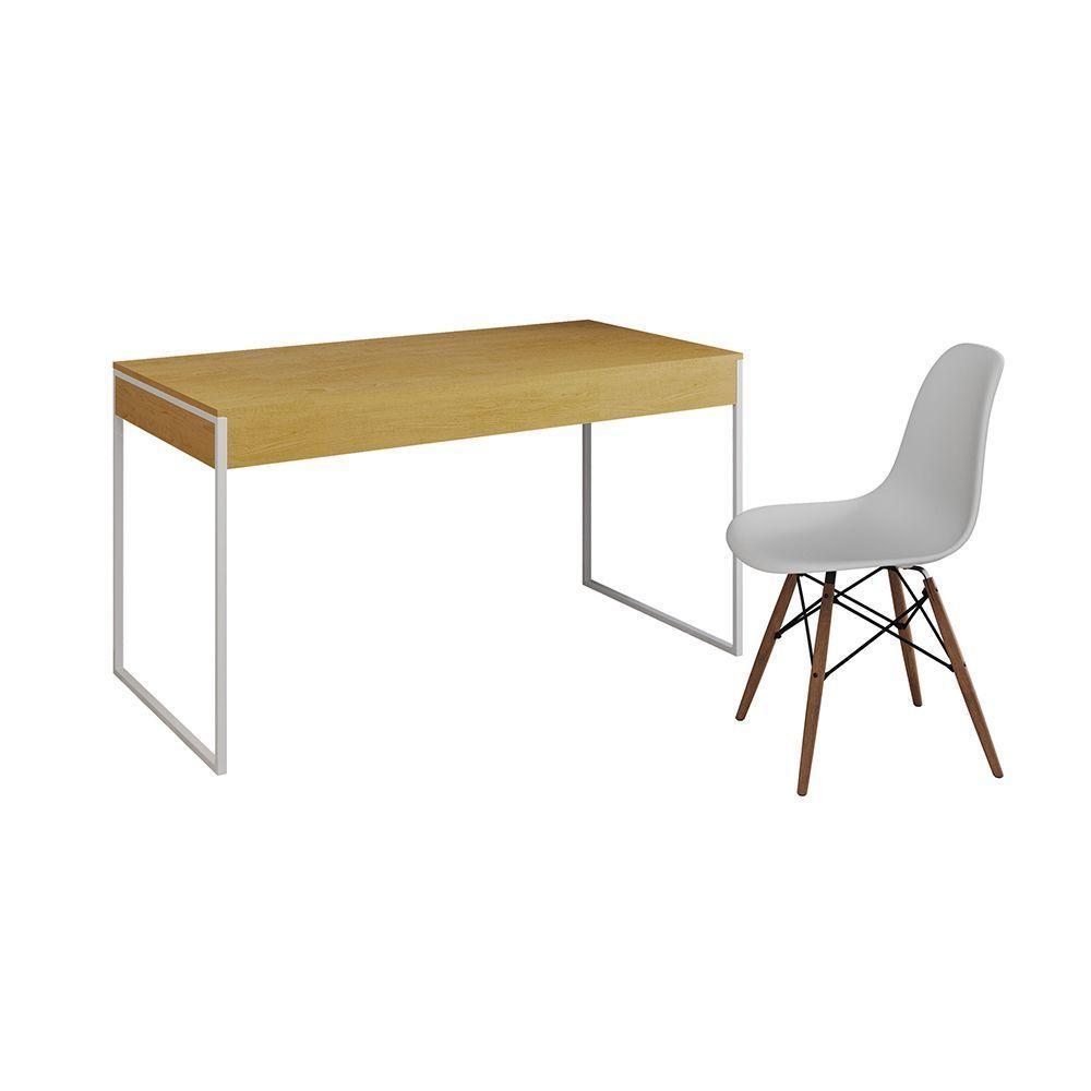 Mesa De Escritório Industrial Malta Canela 137X53Cm Base Ferro Branco Com 1 Cadeira Branca Eames Eif - 6