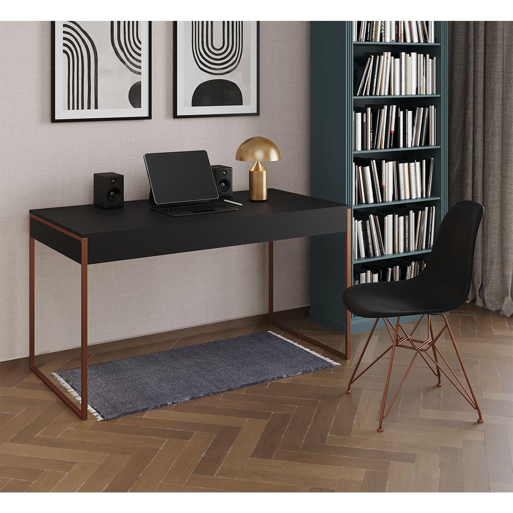 Escrivaninha Industrial Escritório Preta Malta Com 1 Cadeira Eames Eiffel Preta Base Cobre Marrom - 1