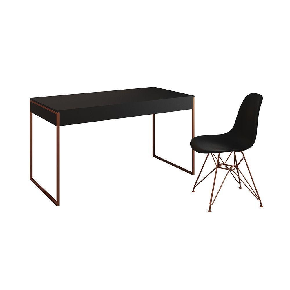 Escrivaninha Industrial Escritório Preta Malta Com 1 Cadeira Eames Eiffel Preta Base Cobre Marrom - 6