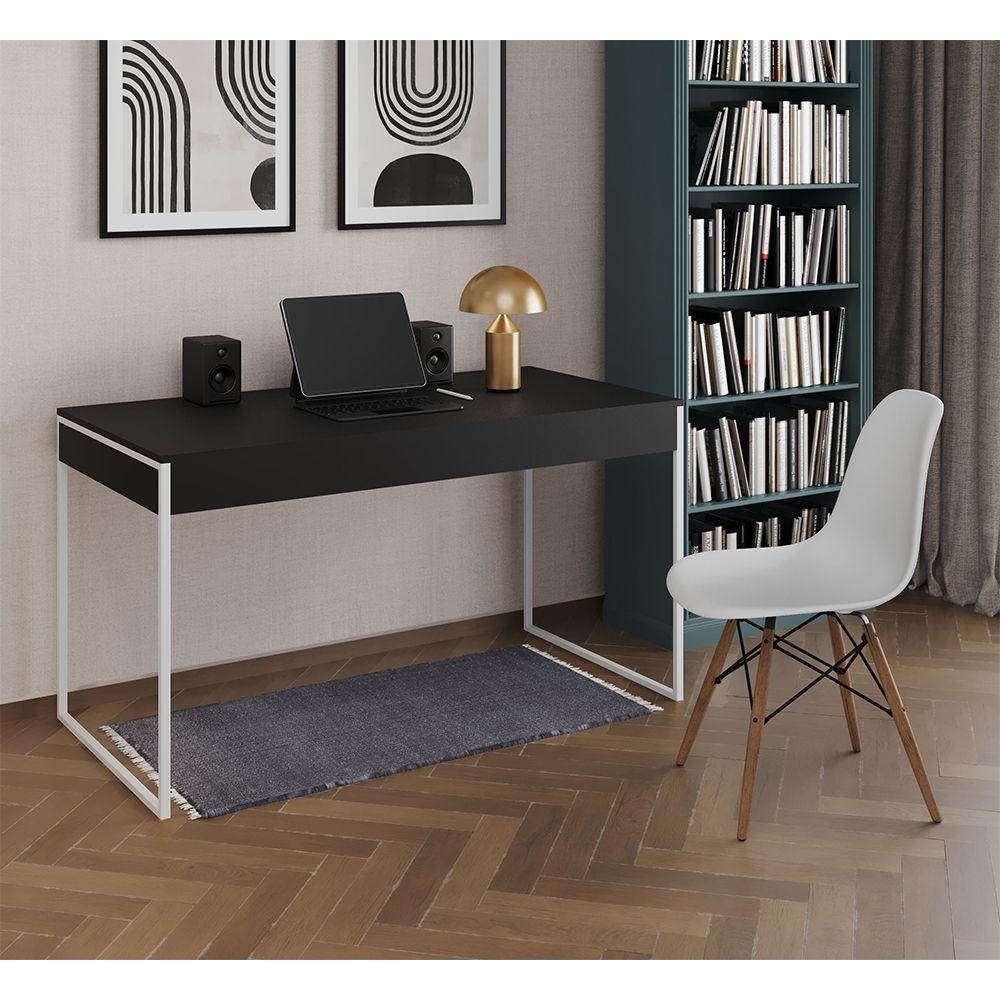 Mesa De Escritório Industrial Malta Preta 137X53Cm Base Ferro Branco Com 1 Cadeira Branca Eames Eiff - 1