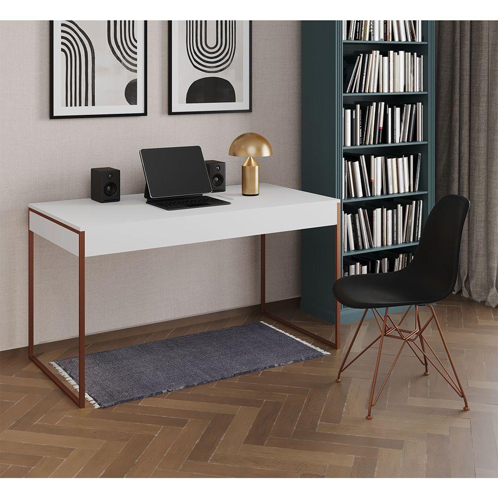 Escrivaninha Industrial Escritório Branca Malta Com 1 Cadeira Eames Eiffel Preta Base Cobre Marrom - 1