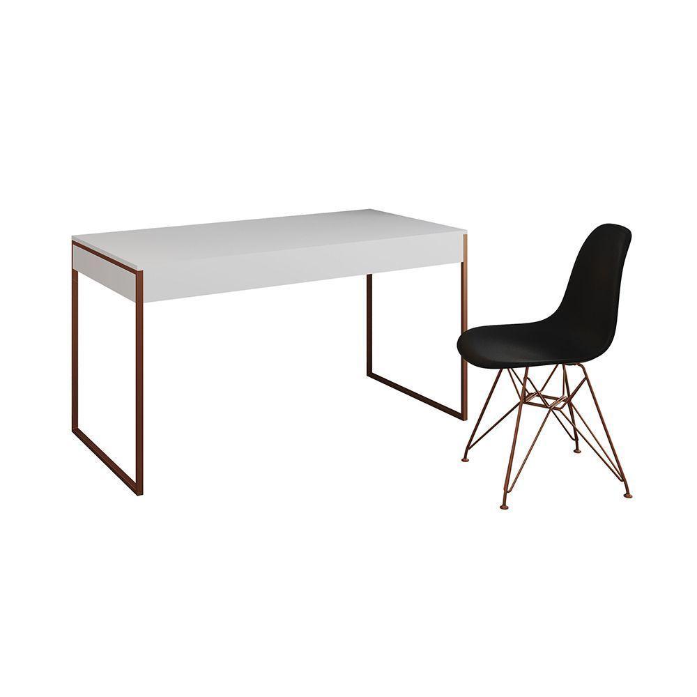 Escrivaninha Industrial Escritório Branca Malta Com 1 Cadeira Eames Eiffel Preta Base Cobre Marrom - 6