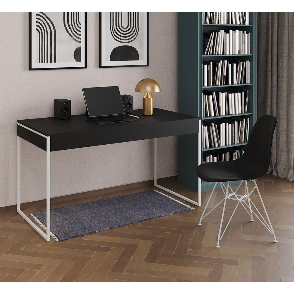Escrivaninha Industrial Escritório Malta Preta Com 1 Cadeira Eames Eiffel Preta Base Ferro Marrom - 1