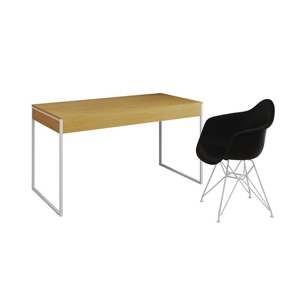 Escrivaninha Industrial Office Estudo Malta Canela 137X53Cm Com 1 Poltrona Preta Base F Marrom - 6