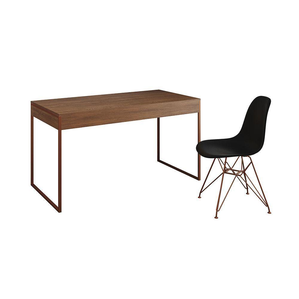 Escrivaninha Industrial Escritório Amêndoa Malta Com 1 Cadeira Eames Eiffel Preta Base Cobr Marrom - 6