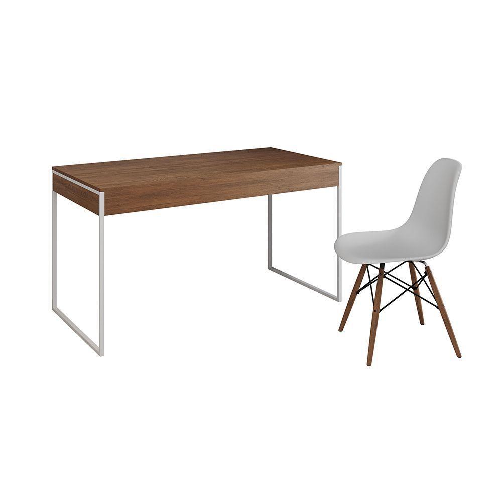 Mesa De Escritório Industrial Malta Amêndoa 137X53Cm Base Ferro Branco Com 1 Cadeira Branca Eames Ei - 6