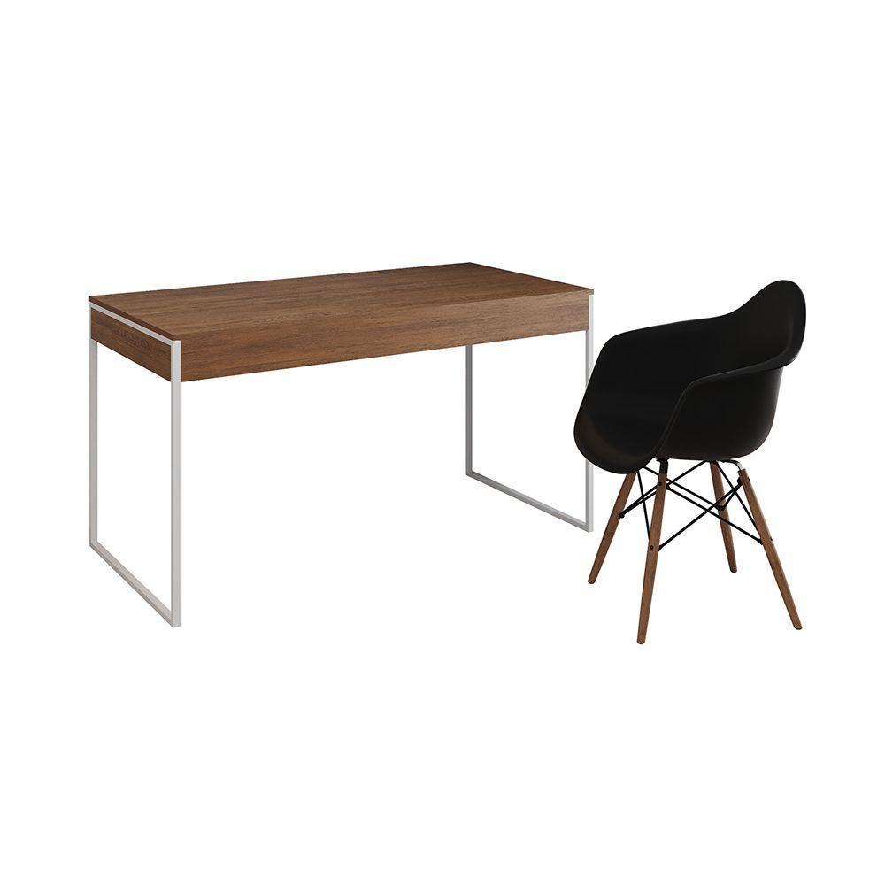 Escrivaninha Estilo Industrial Malta Amêndoa 137X53Cm Ferro Branco Com 1 Poltrona Preta Marrom - 6