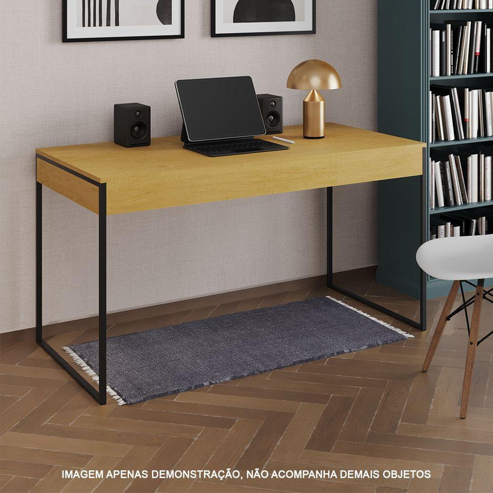 Escrivaninha Industrial Madeira Padrão Office Canela Malta Com Base Em Ferro Preto Marrom - 1