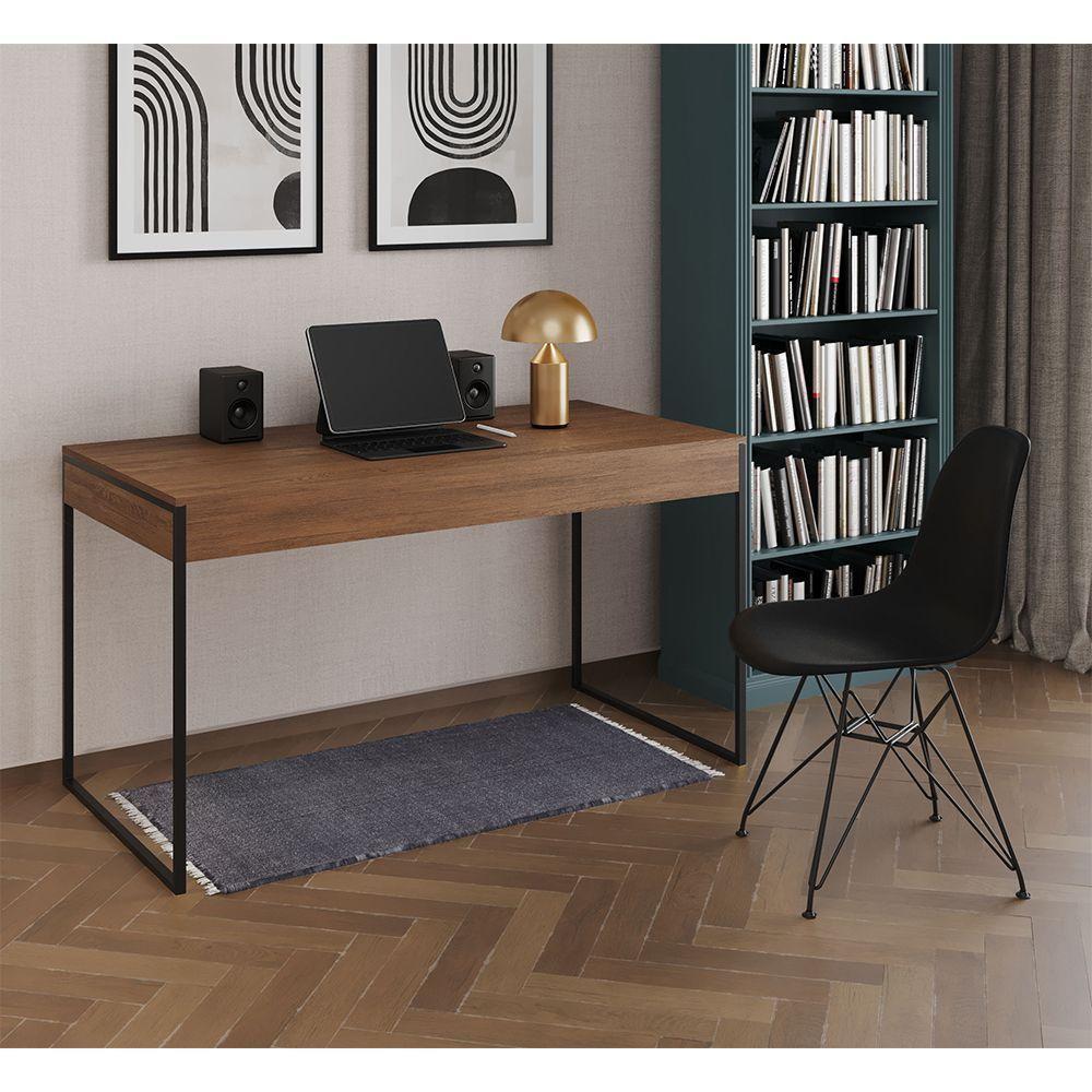 Escrivaninha Industrial Escritório Malta Amêndoa Com 1 Cadeira Eames Eiffel Preta Base Ferr Marrom - 1