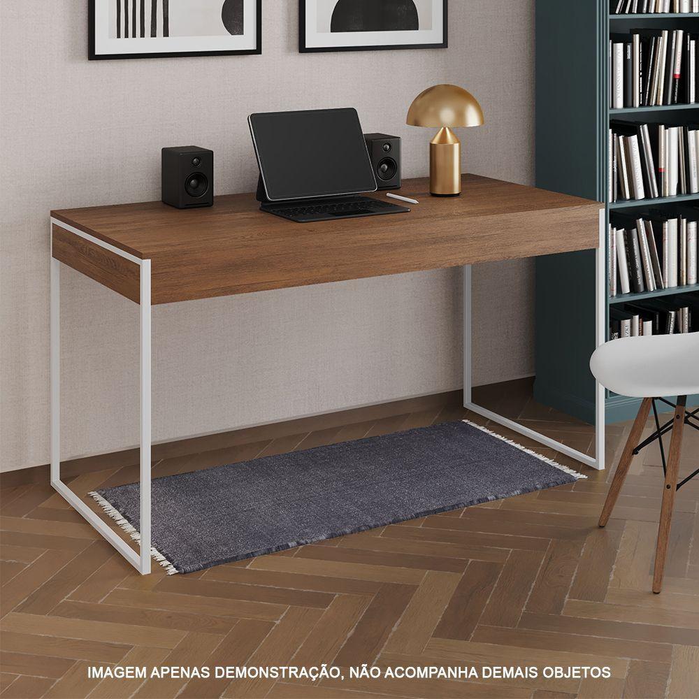 Escrivaninha Industrial Madeira Padrão Office Amêndoa Malta Com Base Em Ferro Branco Marrom - 1
