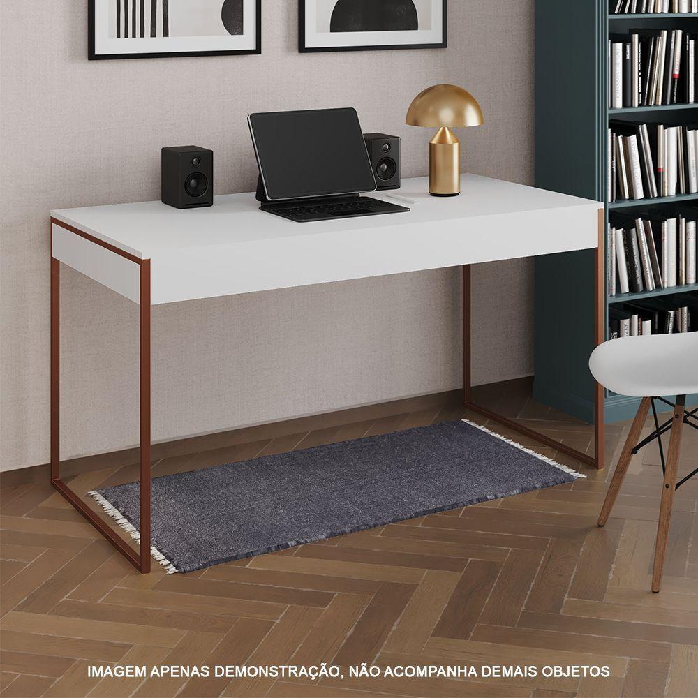 Escrivaninha Industrial Madeira Padrão Office Branca Malta Com Base Cobre Marrom - 1