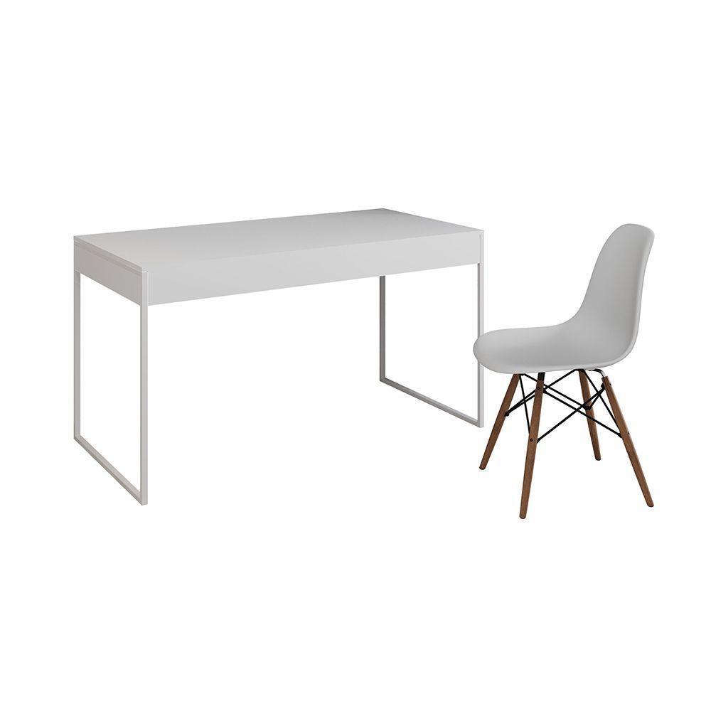 Mesa De Escritório Industrial Branca 137X53Cm Base Ferro Branco Com 1 Cadeira Branca - 6