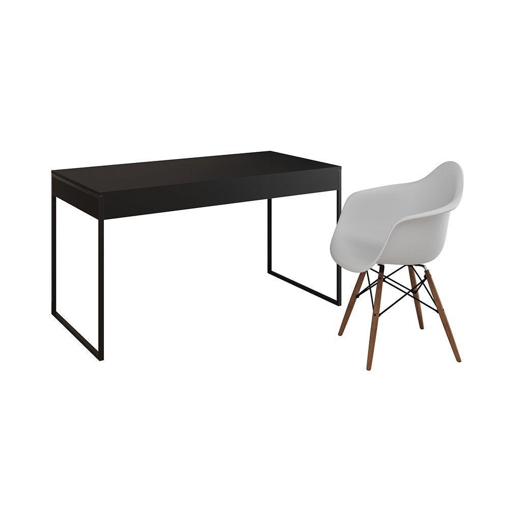 Escrivaninha Home Office Estilo Industrial Preta 137X53Cm Ferro Preto Com 1 Poltrona Branca Preto - 7