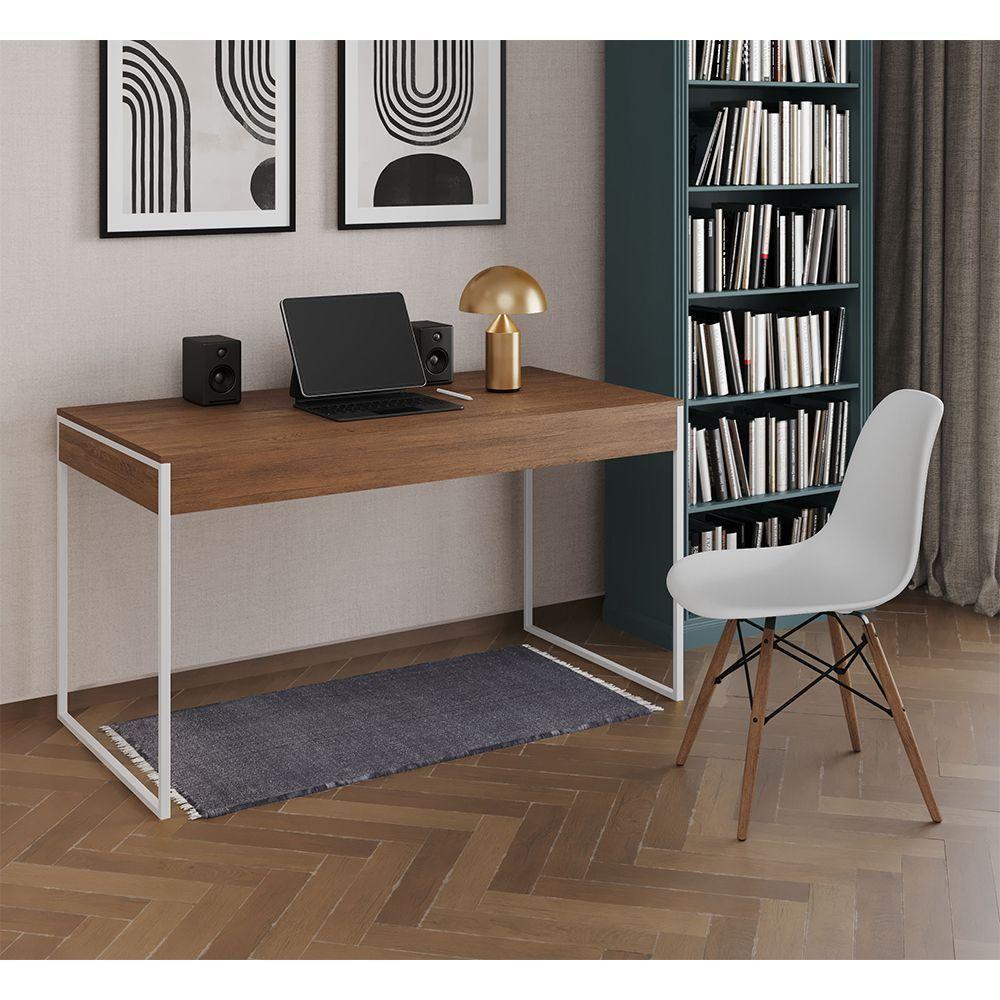 Mesa De Escritório Industrial Amêndoa 137X53Cm Base Ferro Branco Com 1 Cadeira Branca - 1
