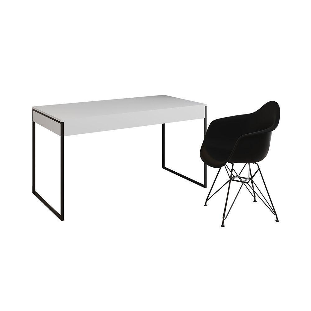 Escrivaninha Industrial Office Estudo Malta Branca 137X53Cm Com 1 Poltrona Preta Base F Cor: Branco - 6