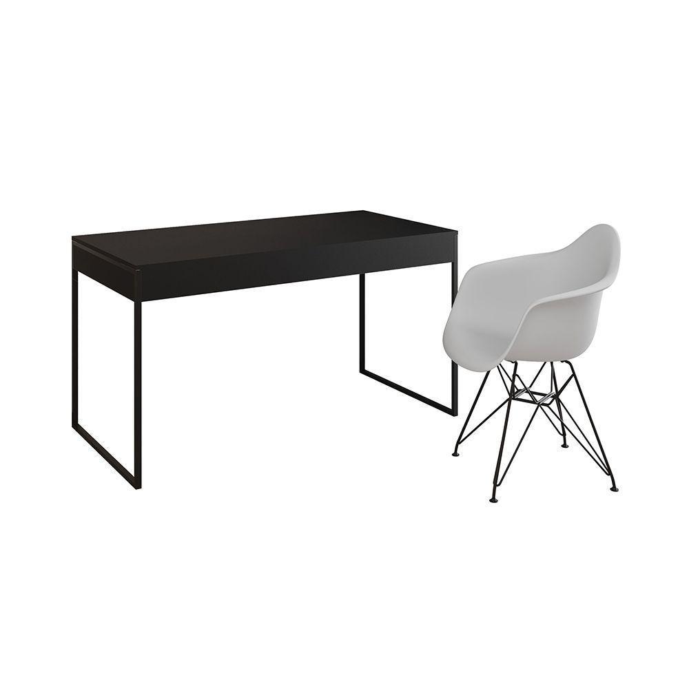 Escrivaninha Industrial Office Estudo Malta Preta 137X53Cm Com 1 Poltrona Branca Base F Cor: Preto - 6