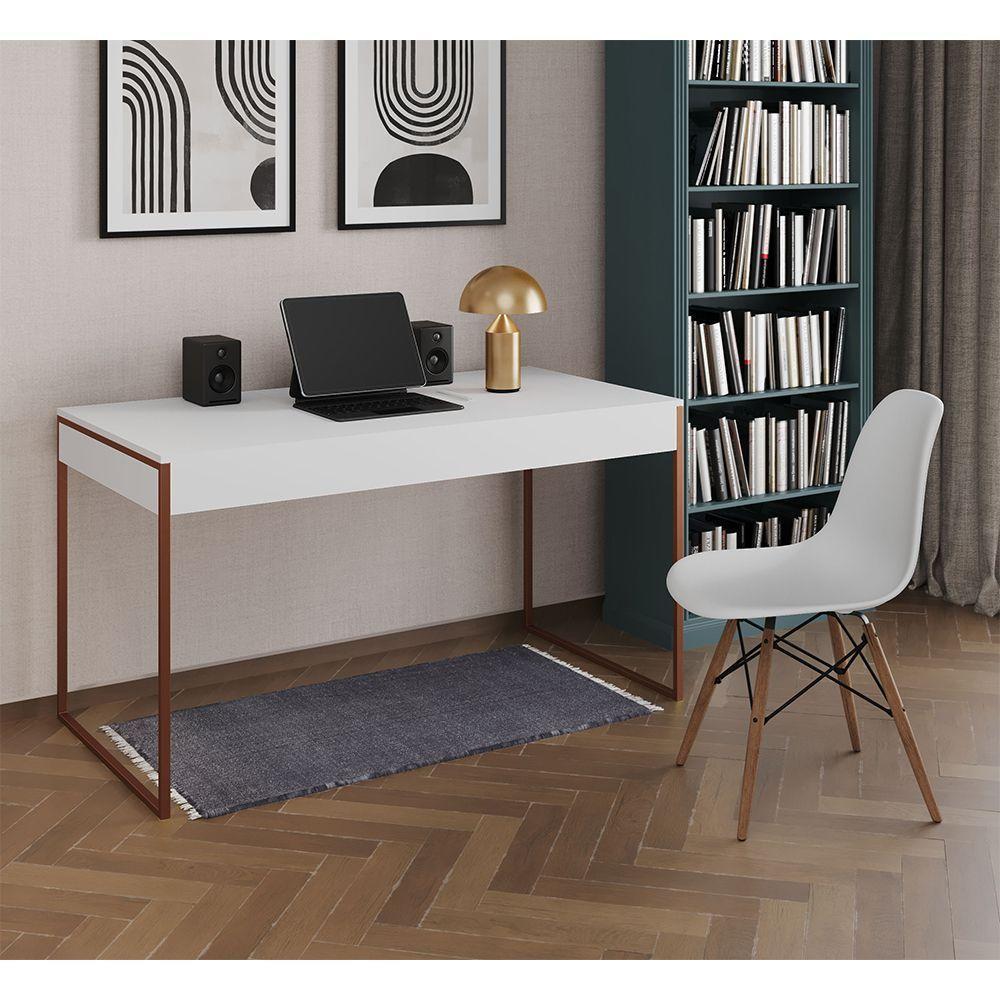 Mesa De Escritório Industrial Malta Branca 137X53Cm Base Cobre Com 1 Cadeira Branca Mad Cor: Branco - 1