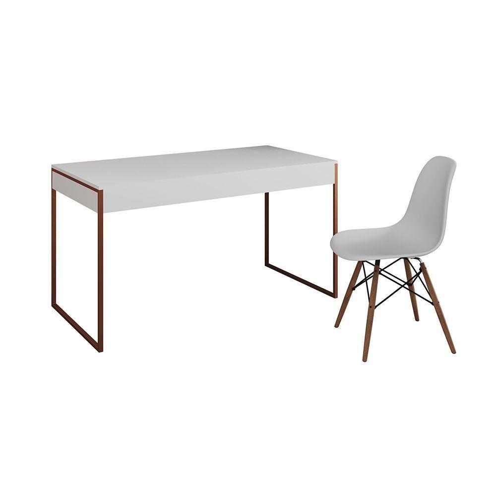 Mesa De Escritório Industrial Malta Branca 137X53Cm Base Cobre Com 1 Cadeira Branca Mad Cor: Branco - 6