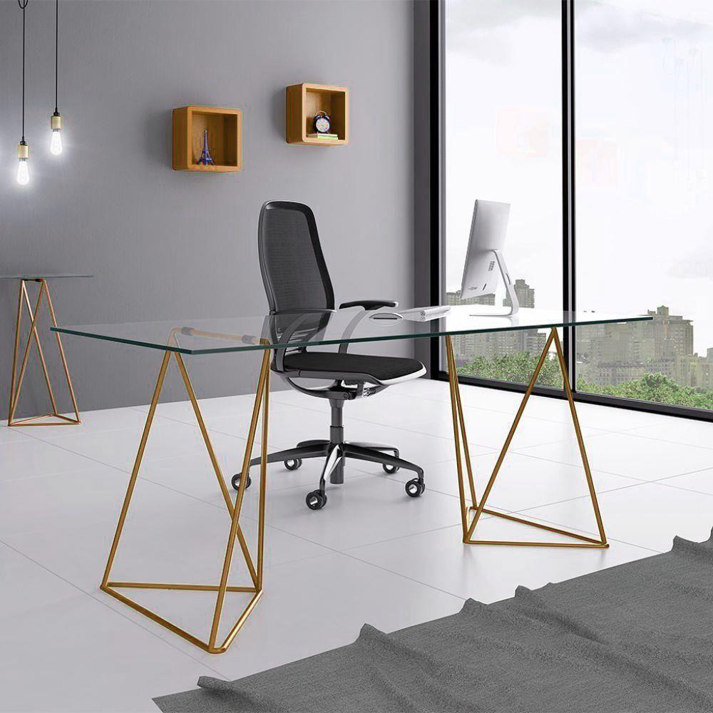 Mesa De Escritório Cavalete Bela Vista Cobre E Vidro New Green - Branco - 3