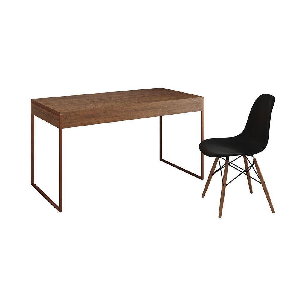 Mesa De Escritório Industrial Malta Amêndoa 137X53Cm Base Cobre Com 1 Cadeira Preta Mad Cor: Amendoa - 6