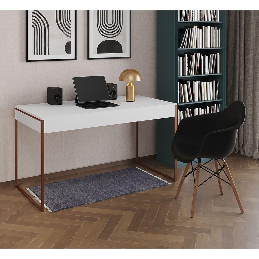 Escrivaninha Home Office Estilo Industrial Branca 137X53Cm Base Cobre Com 1 Poltrona Preta - 1