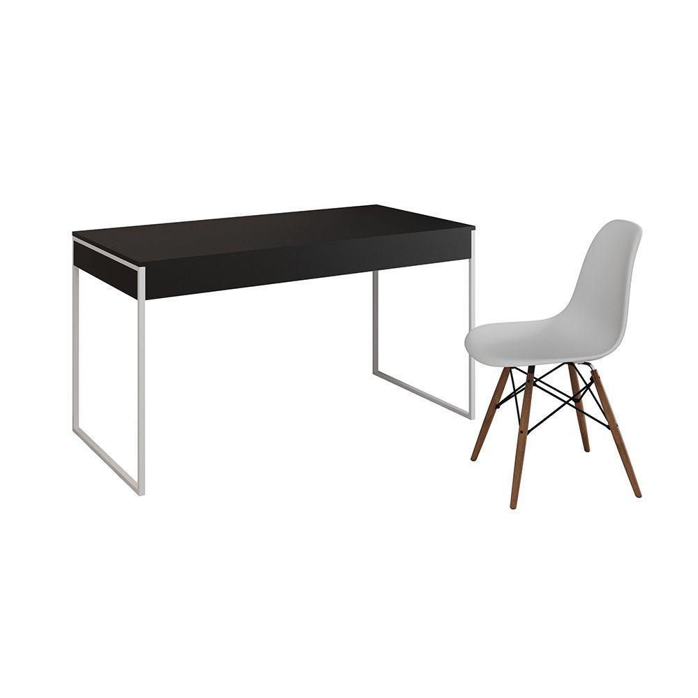 Mesa De Escritório Industrial Preta 137X53Cm Base Ferro Branco Com 1 Cadeira Branca Cor: Preto - 6